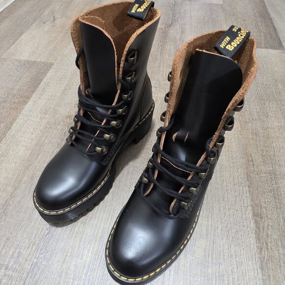 Dr. Martens Shoes - Dr. Martens Leona Black Leather Lace-Up Platform Combat Boots Women’s 7L US